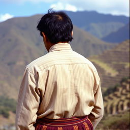 A Peruvian farmer from the 1960s, seen from the back