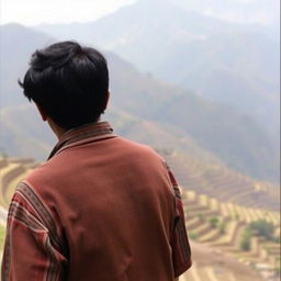 A Peruvian farmer from the 1960s, seen from the back