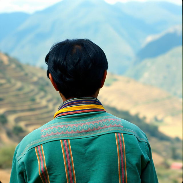 A Peruvian farmer from the 1960s, seen from the back