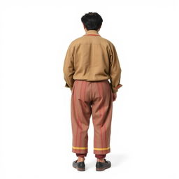 A full-body view of a Peruvian farmer from the 1960s, seen from the back