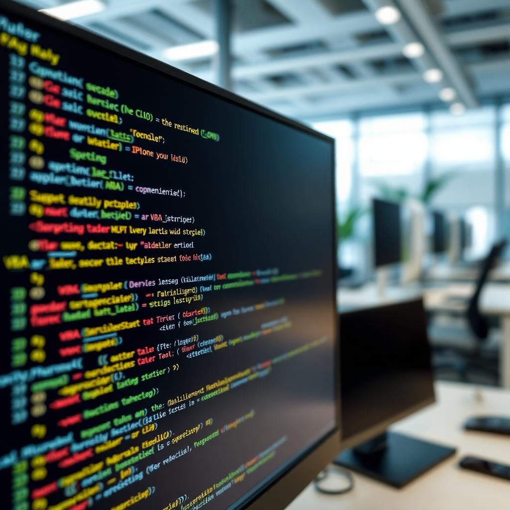 A detailed and visually appealing image of a computer screen displaying VBA (Visual Basic for Applications) code with highlighted syntax