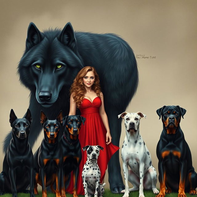 A gigantic black wolf with green eyes standing next to a woman with long light brown curly hair, wearing a red dress