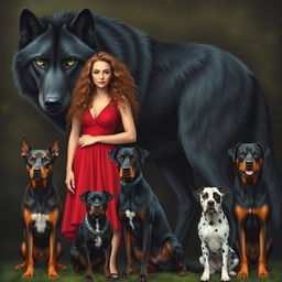 A gigantic black wolf with green eyes standing next to a woman with long light brown curly hair, wearing a red dress