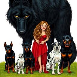 A gigantic black wolf with green eyes standing next to a woman with long light brown curly hair, wearing a red dress