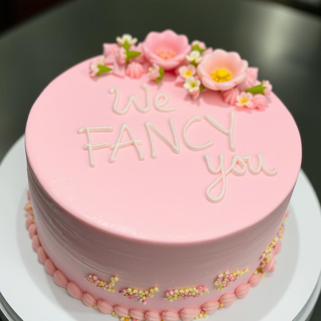 A beautifully decorated pink cake with the inscription 'We FANCY you' written in elegant icing