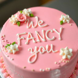 A beautifully decorated pink cake with the inscription 'We FANCY you' written in elegant icing