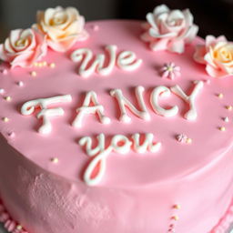 A beautifully decorated pink cake with the inscription 'We FANCY you' written in elegant icing