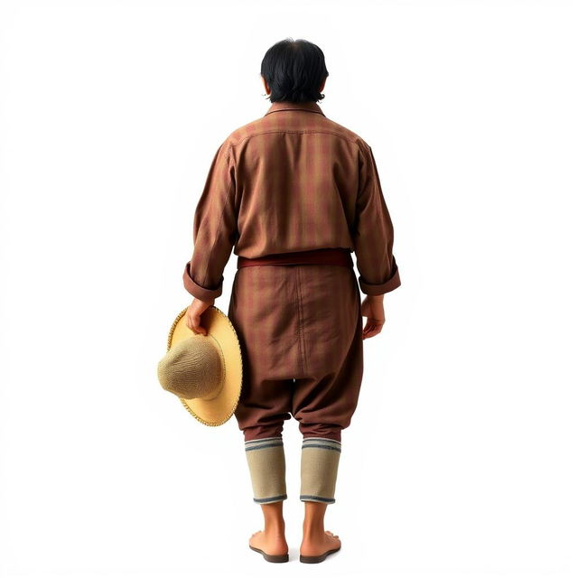 A full-body view of a malevolent Peruvian overseer from the 1960s, seen from the back