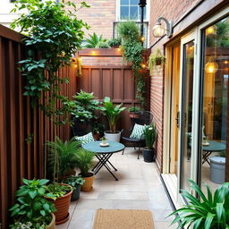 A narrow terrace decorated with plants and furniture, enclosed on the sides