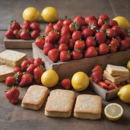 Vibrant, fresh strawberries and lemons, accompanied by rectangular biscuits, displayed on a rustic wooden counter.