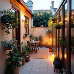 A narrow terrace decorated with plants and furniture, enclosed on the sides