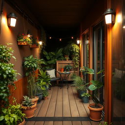 A narrow terrace decorated with plants and furniture, enclosed on the sides