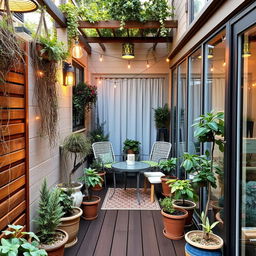 A narrow terrace decorated with plants and furniture, enclosed on the sides