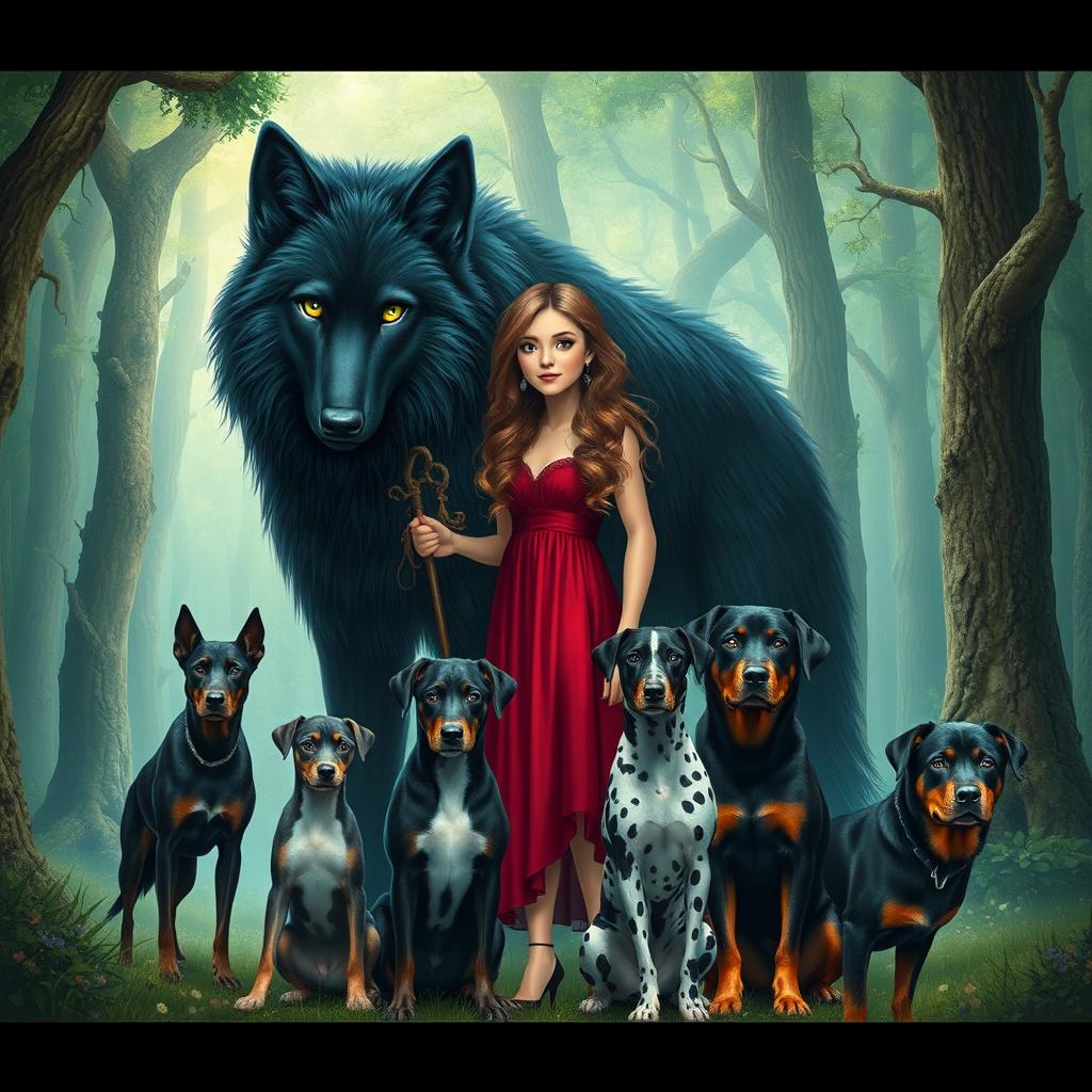 A gigantic black wolf with green eyes standing next to a woman with long light brown curly hair, wearing a red dress