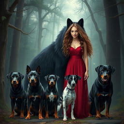 A gigantic black wolf with green eyes standing next to a woman with long light brown curly hair, wearing a red dress