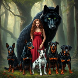 A gigantic black wolf with green eyes standing next to a woman with long light brown curly hair, wearing a red dress