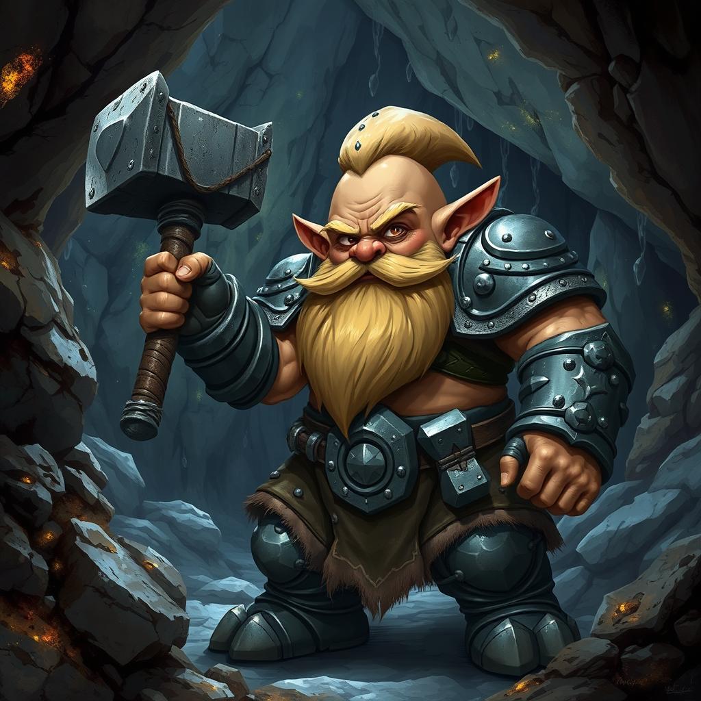 A dwarf from the caves wielding a hammer and wearing heavy stone armor