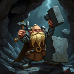 A dwarf from the caves wielding a hammer and wearing heavy stone armor