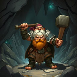 A dwarf from the caves wielding a hammer and wearing heavy stone armor