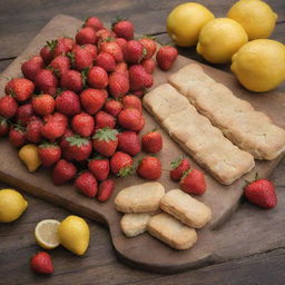 Vibrant, fresh strawberries and lemons, accompanied by rectangular biscuits, displayed on a rustic wooden counter.