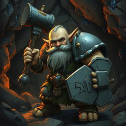 A dwarf from the caves wielding a hammer and wearing heavy stone armor