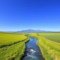 Create an image of a beautiful landscape with a clear blue sky, lush green fields, and a serene river flowing through the middle