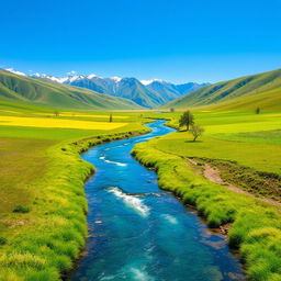 Create an image of a beautiful landscape with a clear blue sky, lush green fields, and a serene river flowing through the middle