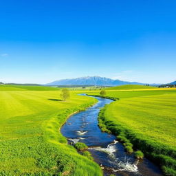 Create an image of a beautiful landscape with a clear blue sky, lush green fields, and a serene river flowing through the middle