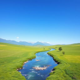 Create an image of a beautiful landscape with a clear blue sky, lush green fields, and a serene river flowing through the middle