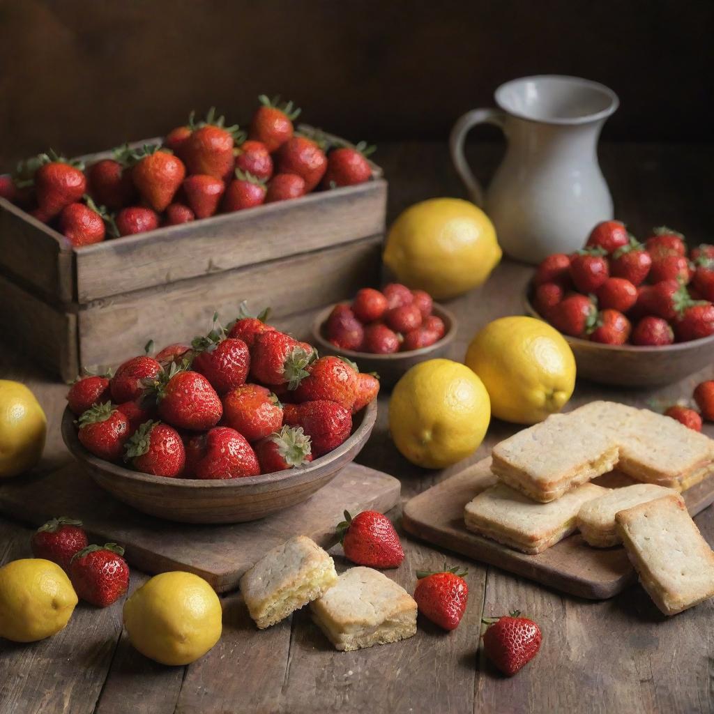 Vibrant, fresh strawberries and lemons, accompanied by rectangular biscuits, displayed on a rustic wooden counter.