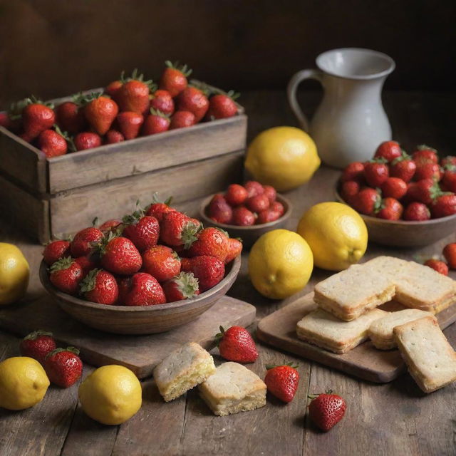 Vibrant, fresh strawberries and lemons, accompanied by rectangular biscuits, displayed on a rustic wooden counter.