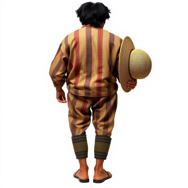 A full-body view of a malevolent and impatient Peruvian overseer from the 1960s, seen from the back