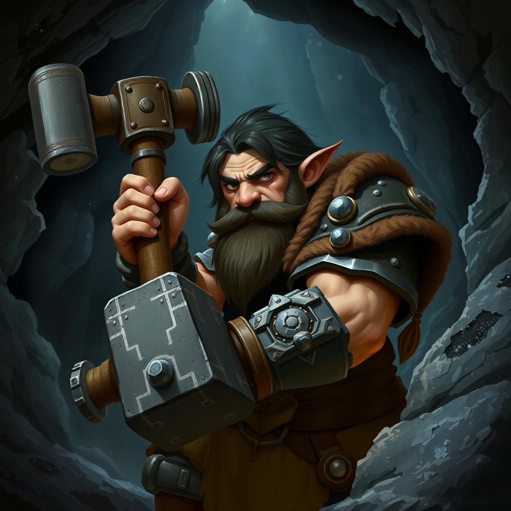 A dwarf from the caves wielding a hammer and wearing heavy stone armor