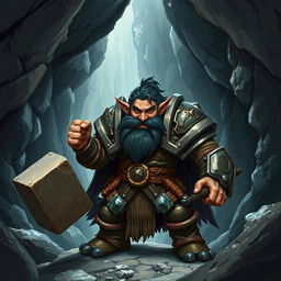 A dwarf from the caves wielding a hammer and wearing heavy stone armor