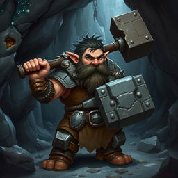 A dwarf from the caves wielding a hammer and wearing heavy stone armor