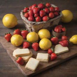 Vibrant, fresh strawberries and lemons, accompanied by rectangular biscuits, displayed on a rustic wooden counter.