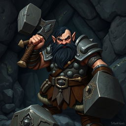 A dwarf from the caves wielding a hammer and wearing heavy stone armor