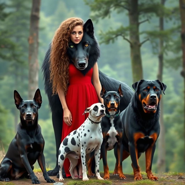 Create an image of a giant black wolf with green eyes standing next to a woman with long, light brown curly hair wearing a red dress
