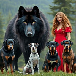 Create an image of a giant black wolf with green eyes standing next to a woman with long, light brown curly hair wearing a red dress