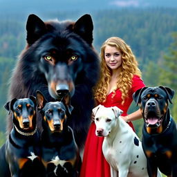 Create an image of a giant black wolf with green eyes standing next to a woman with long, light brown curly hair wearing a red dress