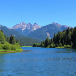 A beautiful landscape featuring a serene lake surrounded by lush green trees and mountains in the background under a clear blue sky