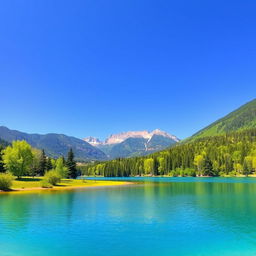 A beautiful landscape featuring a serene lake surrounded by lush green trees and mountains in the background under a clear blue sky