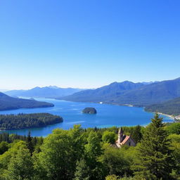 A beautiful landscape featuring a serene lake surrounded by lush green trees and mountains in the background under a clear blue sky