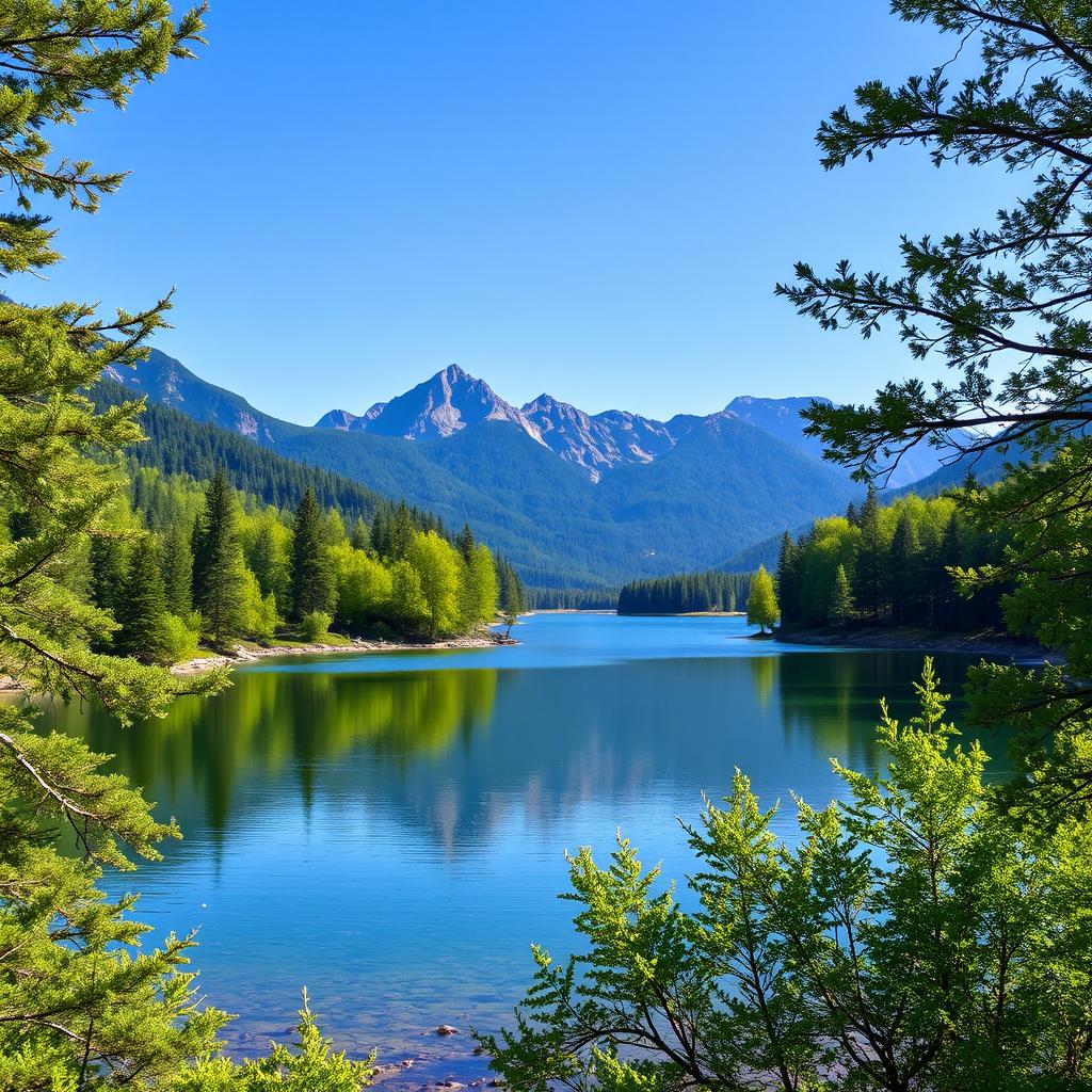 A beautiful landscape featuring a serene lake surrounded by lush green trees and mountains in the background under a clear blue sky