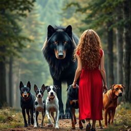 Create an image of a giant, intimidating black wolf with green eyes standing next to a woman with long, light brown curly hair wearing a red dress, seen from behind