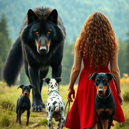 Create an image of a giant, intimidating black wolf with green eyes standing next to a woman with long, light brown curly hair wearing a red dress, seen from behind