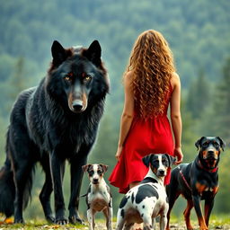 Create an image of a giant, intimidating black wolf with green eyes standing next to a woman with long, light brown curly hair wearing a red dress, seen from behind