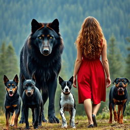 Create an image of a giant, intimidating black wolf with green eyes standing next to a woman with long, light brown curly hair wearing a red dress, seen from behind