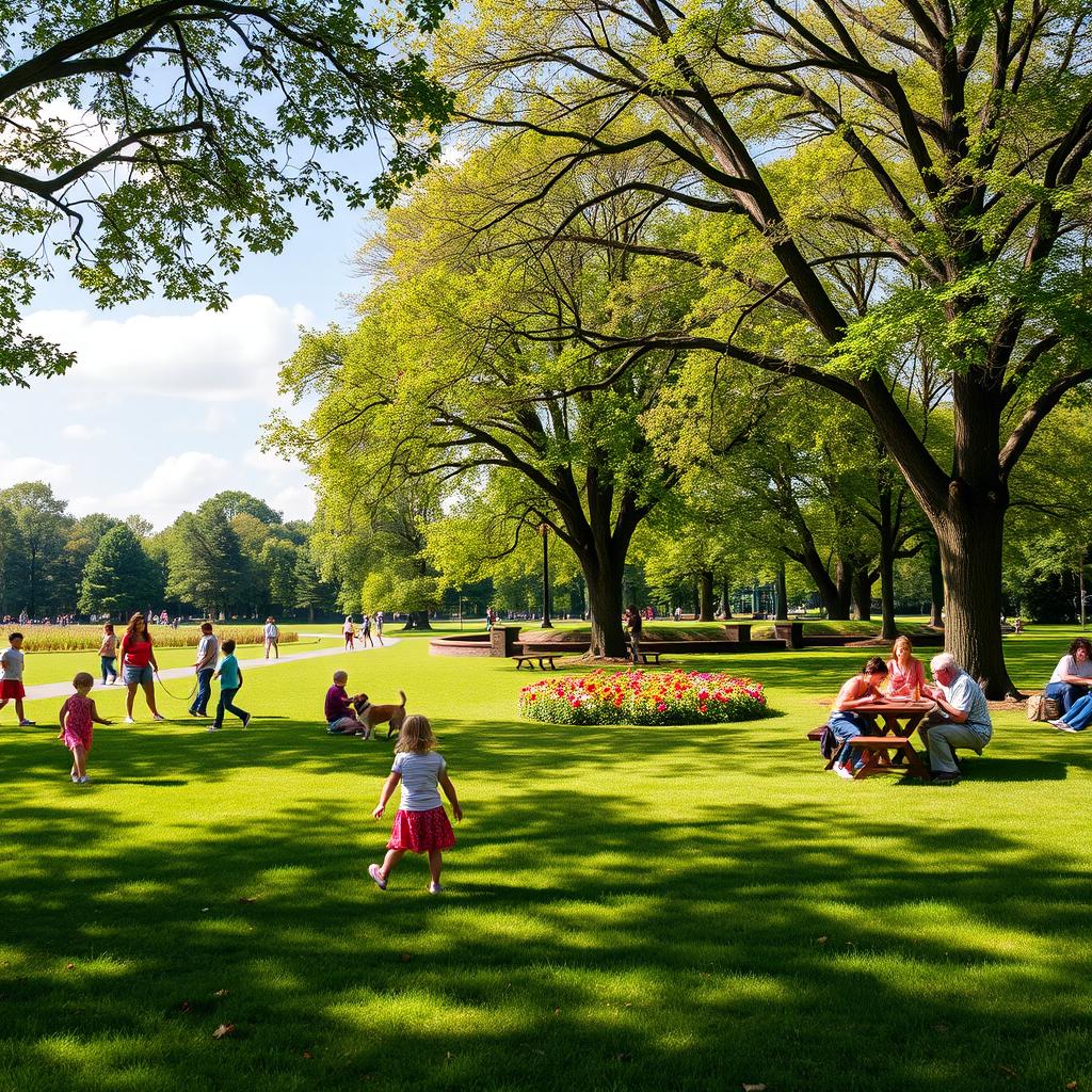 Create an image of a sunny day in a beautiful park with children playing, people walking their dogs, and families having a picnic