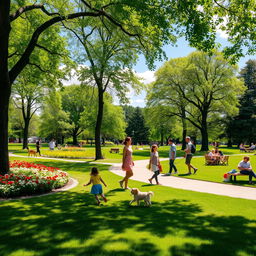 Create an image of a sunny day in a beautiful park with children playing, people walking their dogs, and families having a picnic